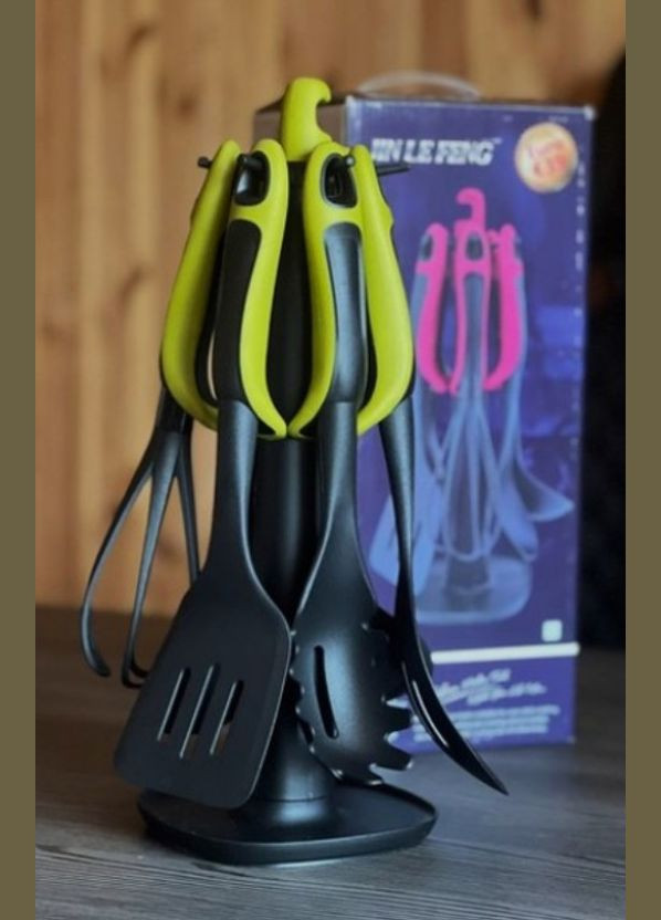 Набор кухонных принадлежностей универсальный 6 предметов с подставкой лопатка, венчик, шумовка, половник Черно-Зеленый No Brand (336517424)