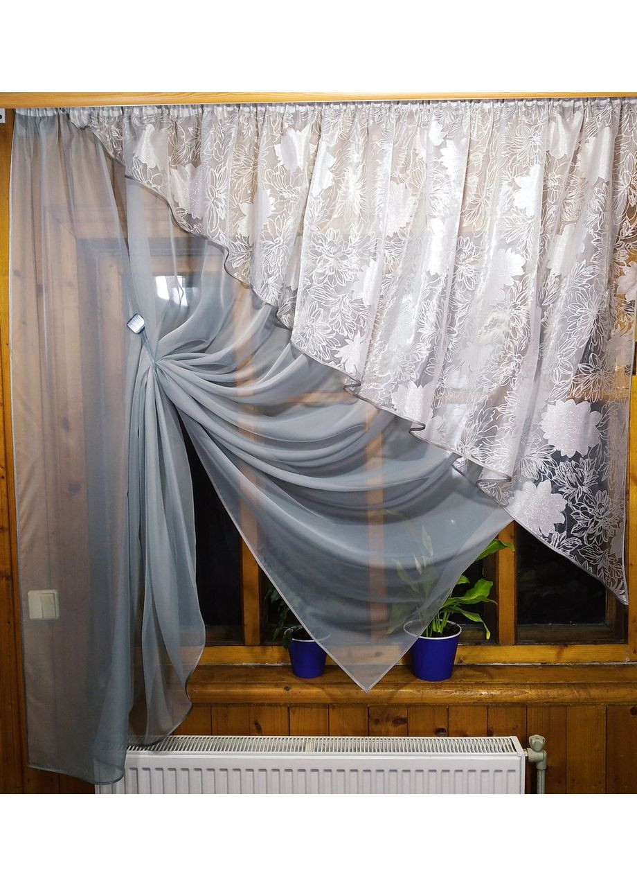 Кухонна фіранка коротка Фая сіра срібна квітка права No Brand (372133830)