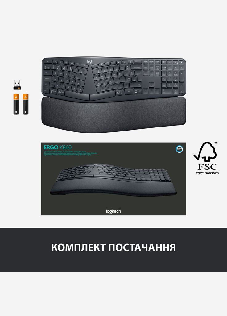 Клавіатура (920-010108) Logitech ERGO K860 Bluetooth/Wireless UA Black (300794329)