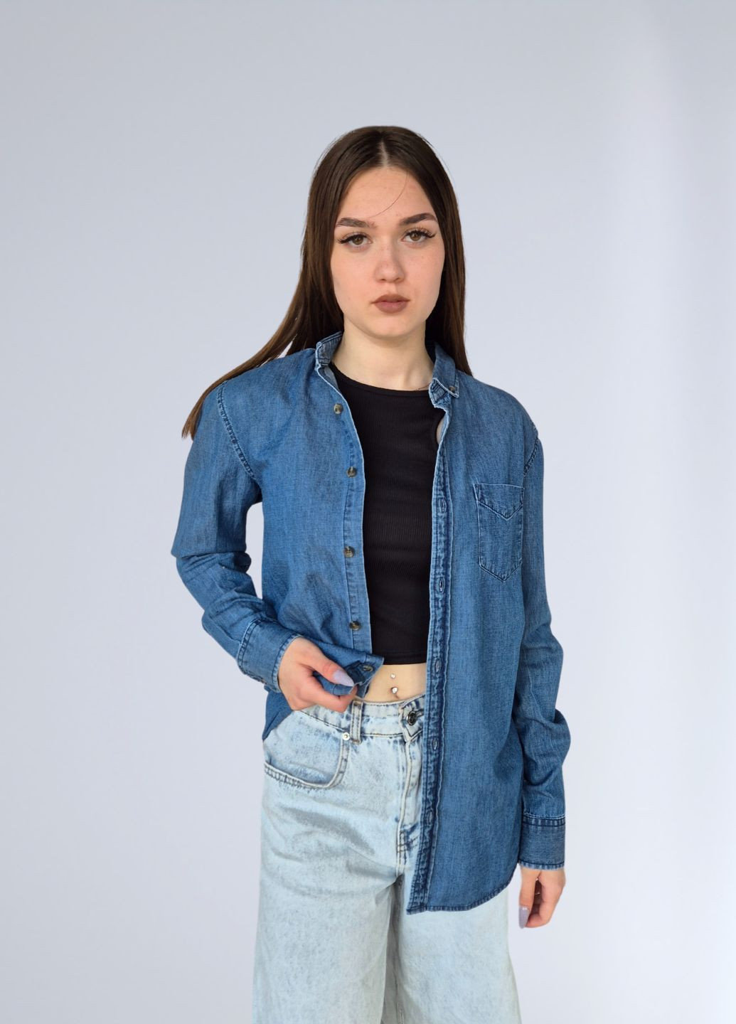 Синяя повседневный рубашка однотонная No Brand