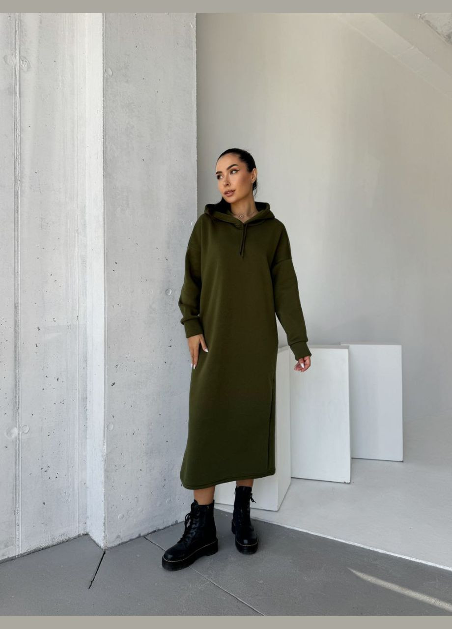 Оливкова (хакі) сукня з капюшоном та кишенями в стилі oversize Україна однотонна