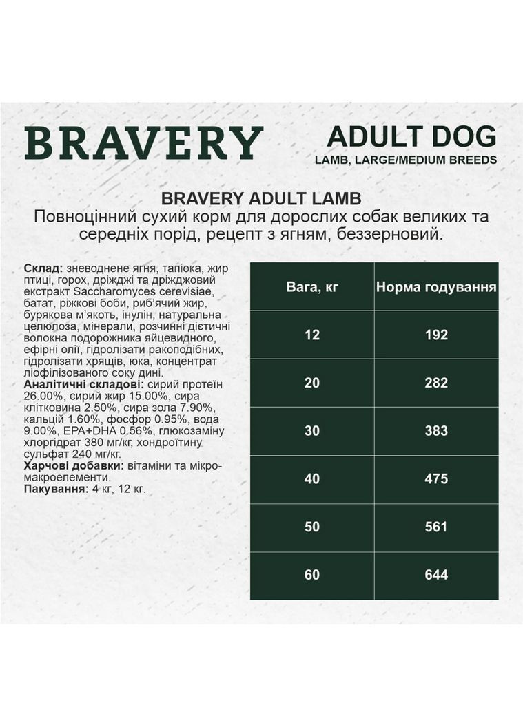 Сухий корм Lamb Large Medium Adult для дорослих собак середніх та великих порід з ягнятим 4 кг (8436538942253) Bravery (366081625)