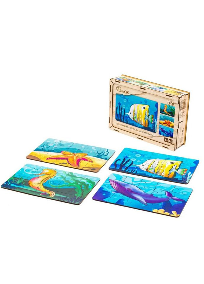 Дитячий дерев'яний пазл Морські жителі 4 в 1 Puz-57896, 80 елементів PuzzleOK (355890269)