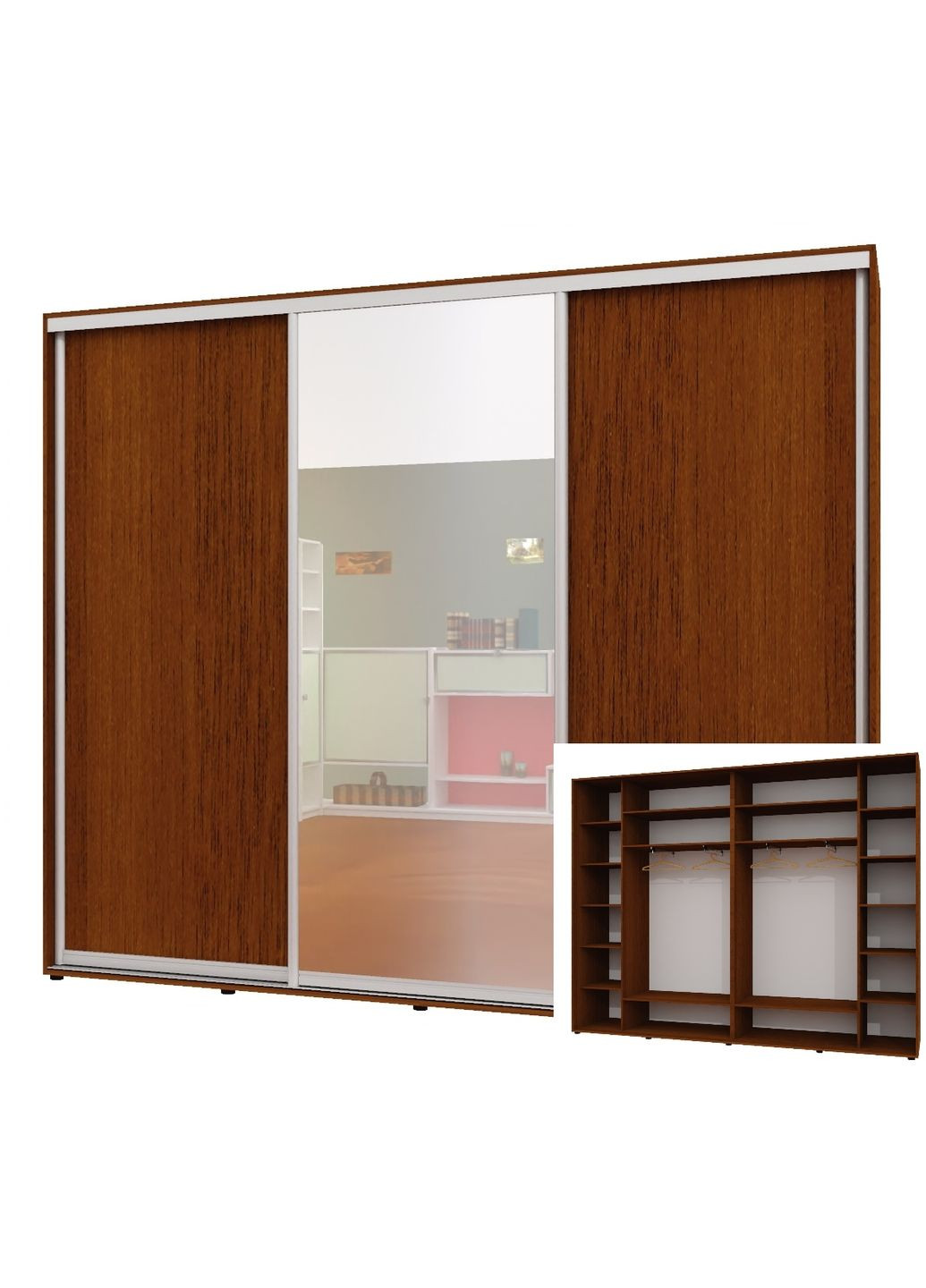 Шкаф-купе трехдверный 290*45*240 см Орех лесной 3 двери ДСП + Зеркало + ДСП Люкс-147 Алекса (360433467)