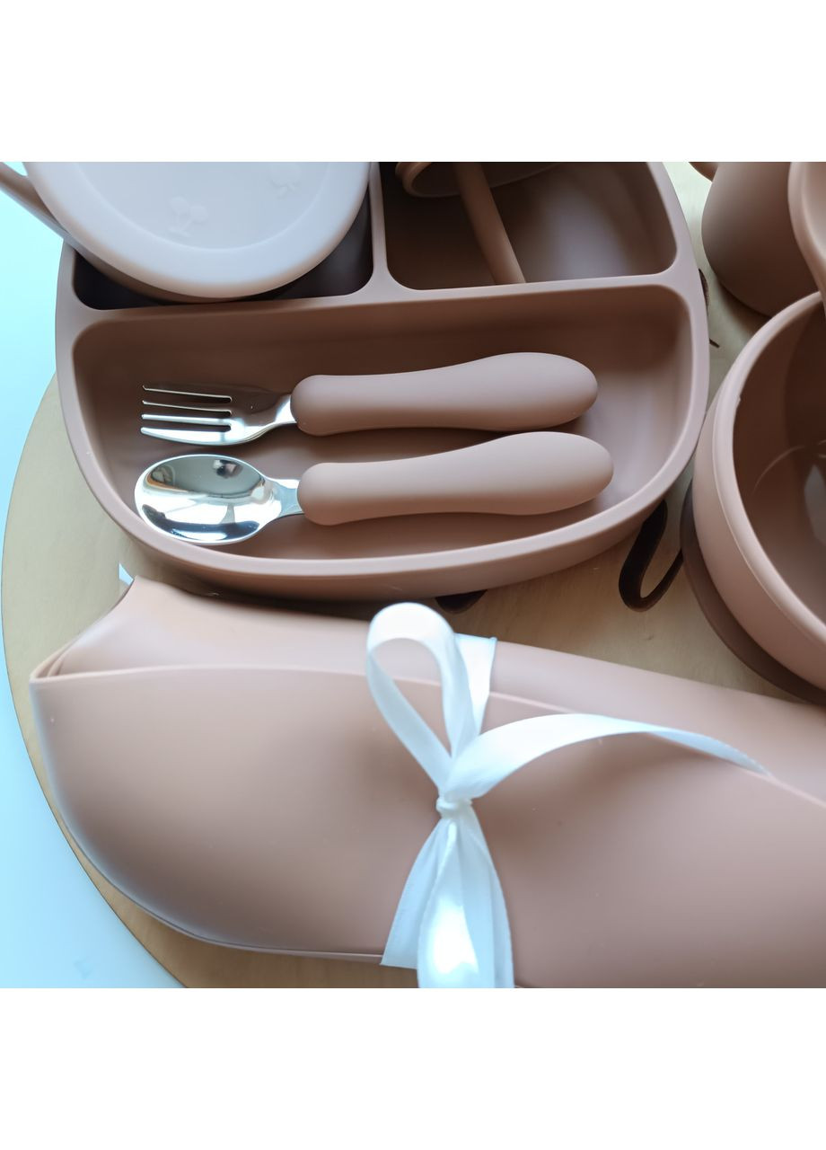 Набор посуды для малыша Шоколад 10 шт Подарочный набор посуды для малышей Силиконовая посуда для прикорма (0214) No Brand (368999974)