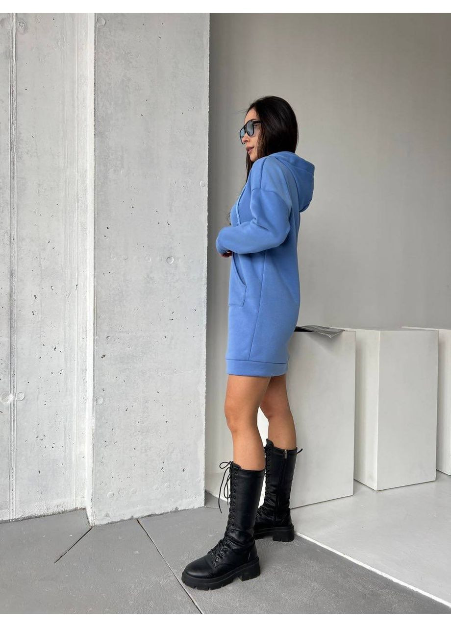 Светло-синее платье 2070 трехнить на флисе с капюшоном и карманом кенгуру Україна