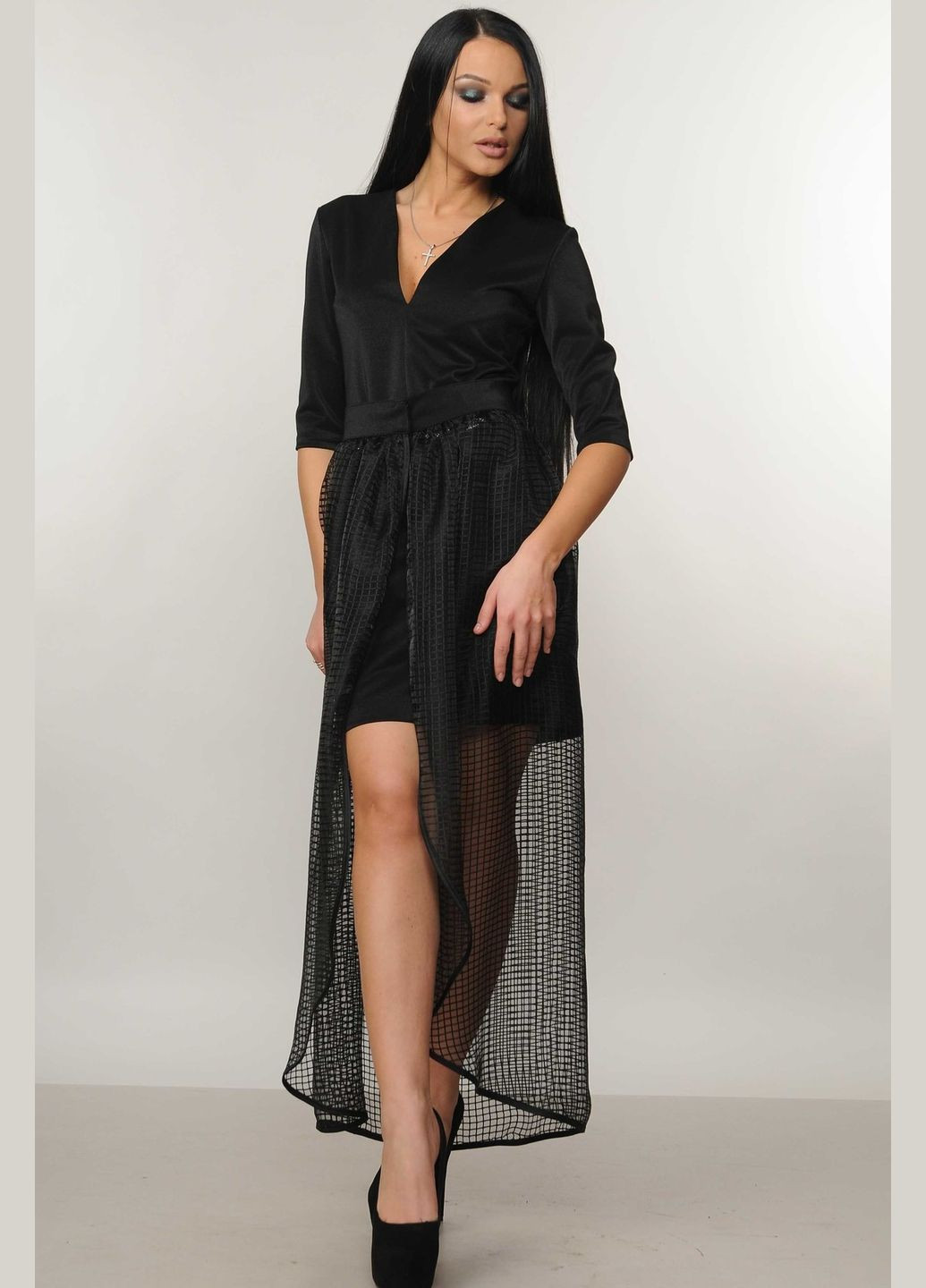 Черное повседневный вечернее платье с глубоким декольте и съемной юбкой-накидкой (вл 22.1-06/18) RiMari