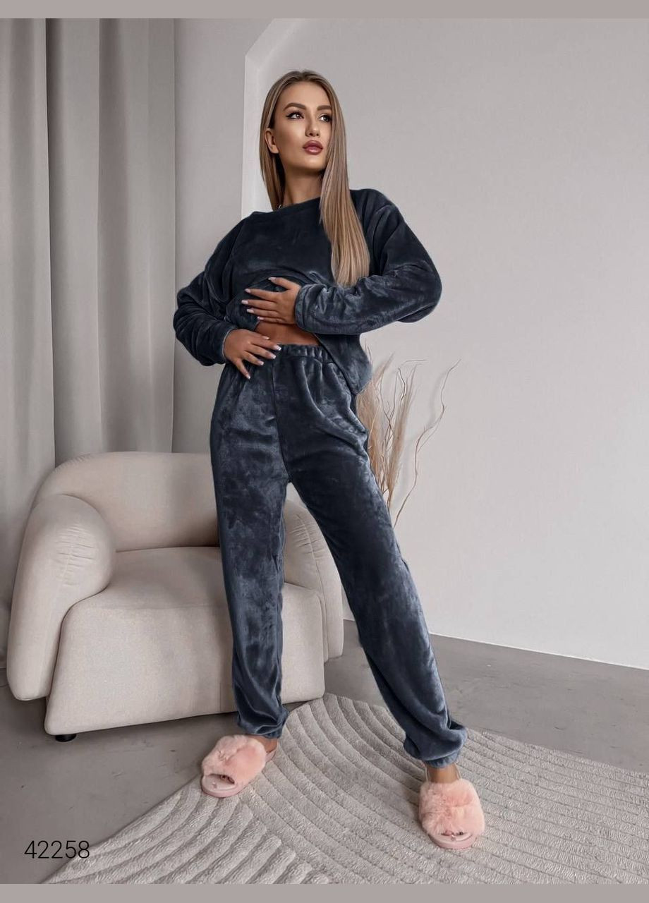 Синяя всесезон махровая теплая женская пижама Liton