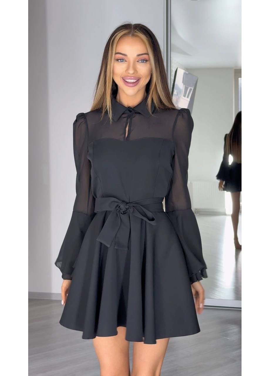 Черное вечернее платье с шифоновыми рукавами и воланами — замеры в описании DK/DL Мода без кордонів однотонное