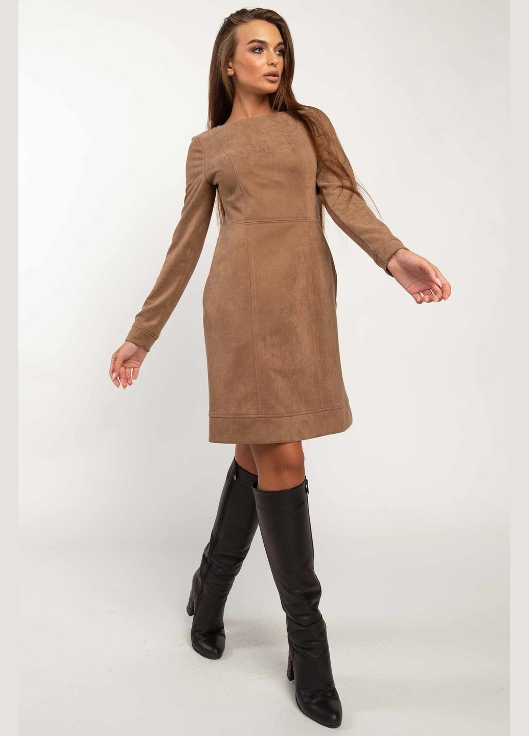 Світло-коричнева повсякденний жіноча міні-сукня напівприлеглого силуету з кишенями з твілу (пл 2220) RiMari