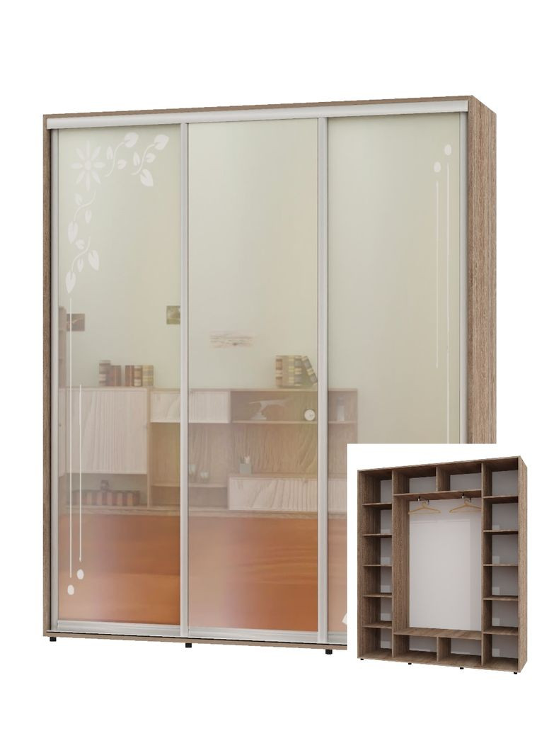 Шкаф-купе трехдверный 200*45*230 Дуб Сонома трюфель 2 Зеркала с пескоструйным рисунком/Зеркало ШК-05 Алекса (360469978)