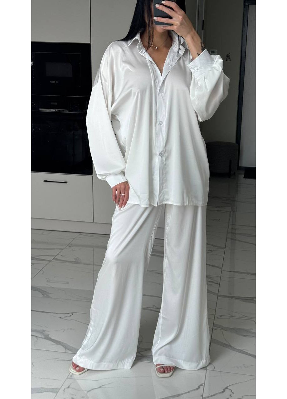 Жіночий шовковий костюм oversize: сорочка + штани+хустинка Україна (353492928)