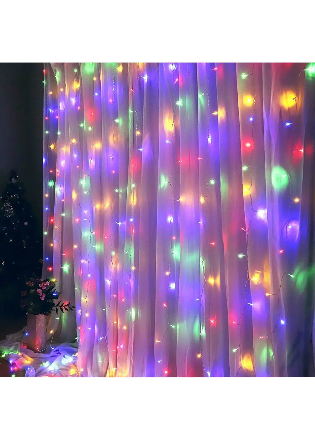 Светодиодная комнатная внутренняя гирлянда штора водопад на окно с работой от сети 3х1,5 м 240 LED (478591-Prob) Разноцветная Unbranded (307247521)