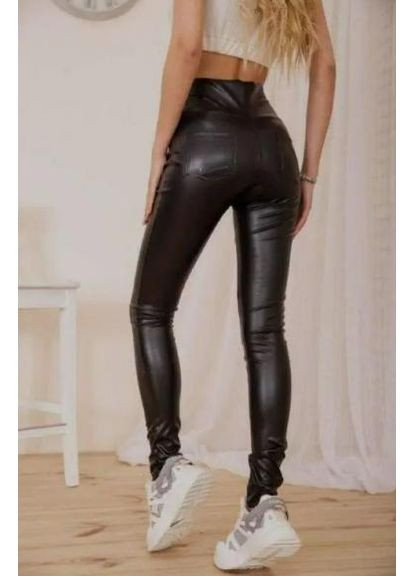 Лосины женские из экокожи на флисе облегающие с высокой талией No Brand Лосини екошкіра на флісі чорні (351385811)