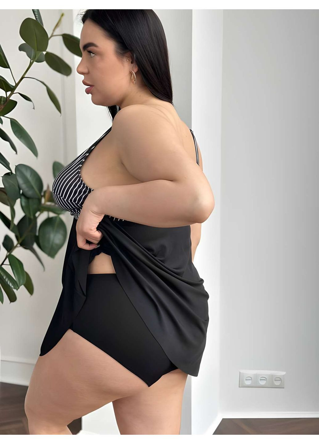 Черный летний женский летний раздельный купальник черный черный с полосатым верхом 2хл 3хл 4хл танкини No Brand