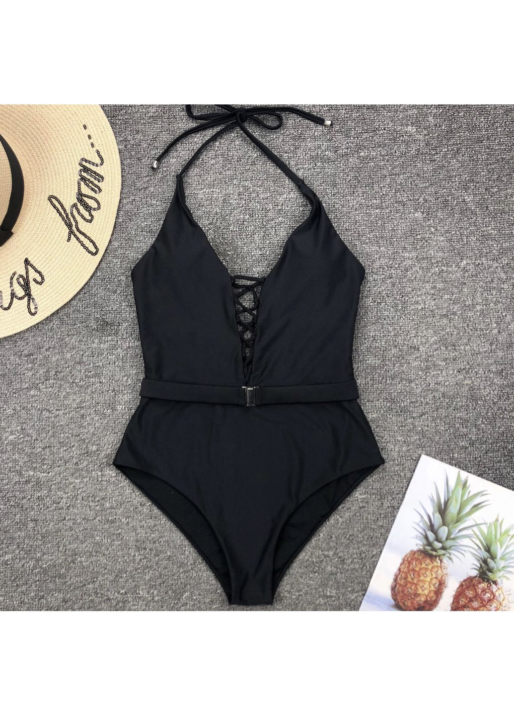 Черный купальник монокини со шнуровкой и поясом. слитный Trendy