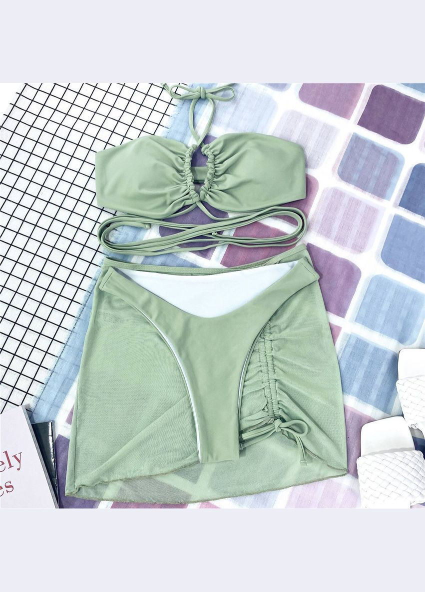 Оливковый летний женский раздельный купальник тройка с завязками вокруг талии и юбкой zebra бежевый No Brand