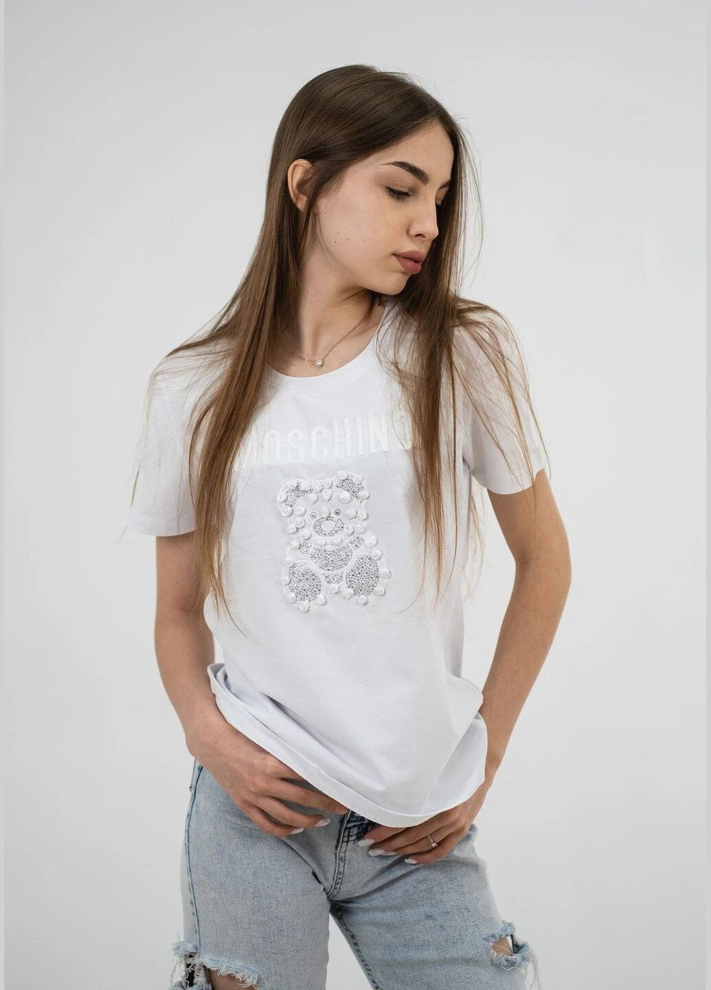 Белая летняя футболка женская летняя с рисунком с коротким рукавом Moschino