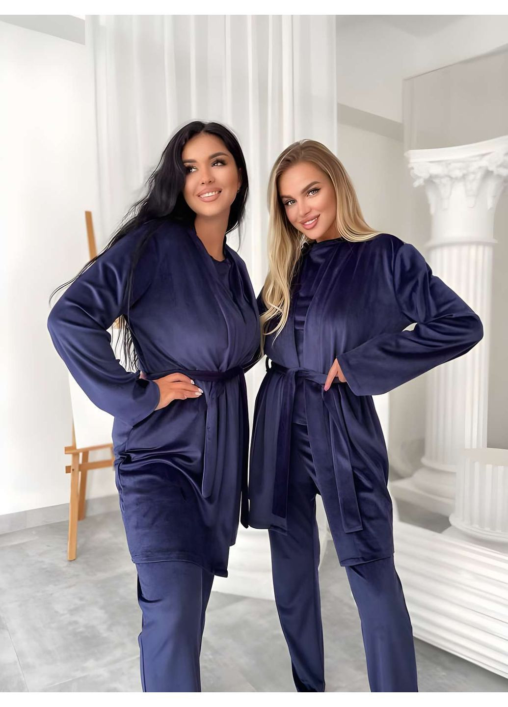 Синяя зимняя женская велюровая пижама пижамный комплект тройка со штанами лавандовый сиреневый Україна