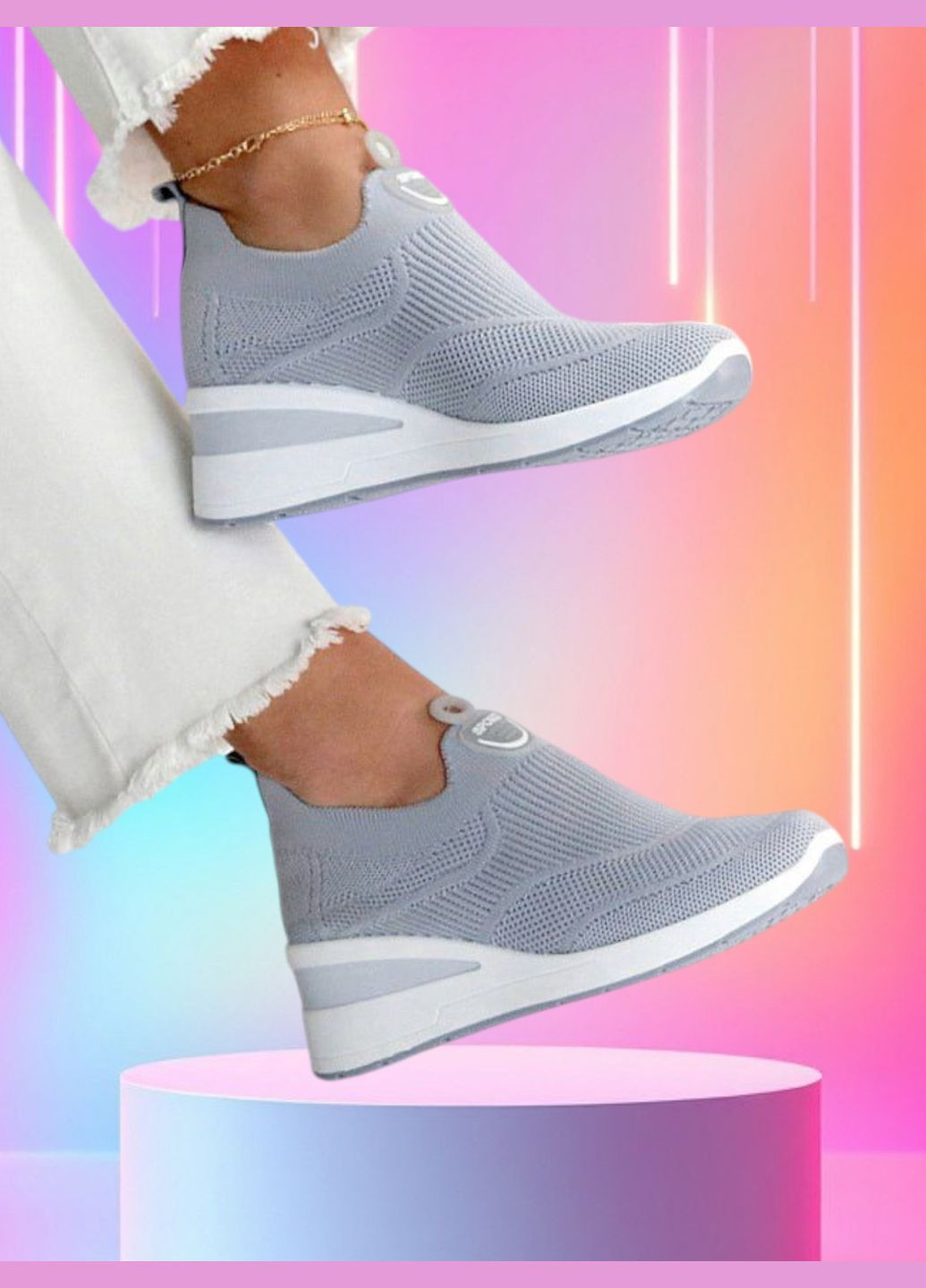 Серые летние женские мокасины-слипоны – серые, текстильные, лёгкие, на танкетке Hongquan