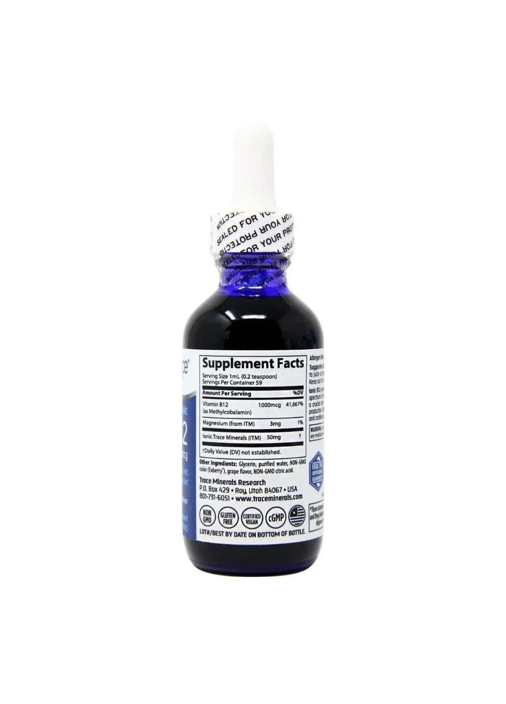 Іонний вітамін B12, Liquid Ionic B12, 1000 мкг, смак винограду, рідкий, 59 мл Trace Minerals Research (370188702)