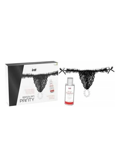 Набор BRAZILIAN PANTY BLACK трусики на завязках S/XL с жемчужным кольцом + клубничная смазка Intt (289533476)