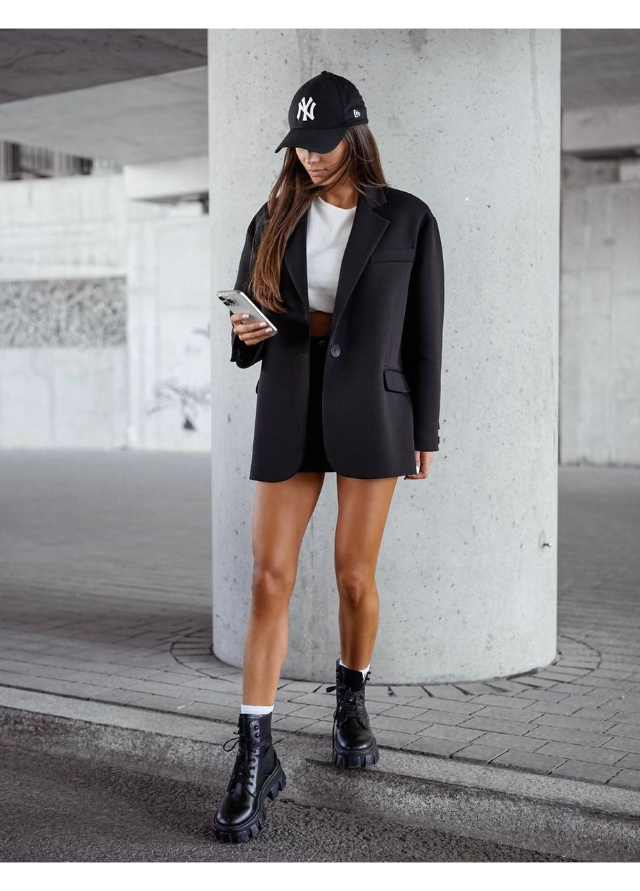 Черный женский женский пиджак оверсайз без подкладки No Brand однотонный - демисезонный