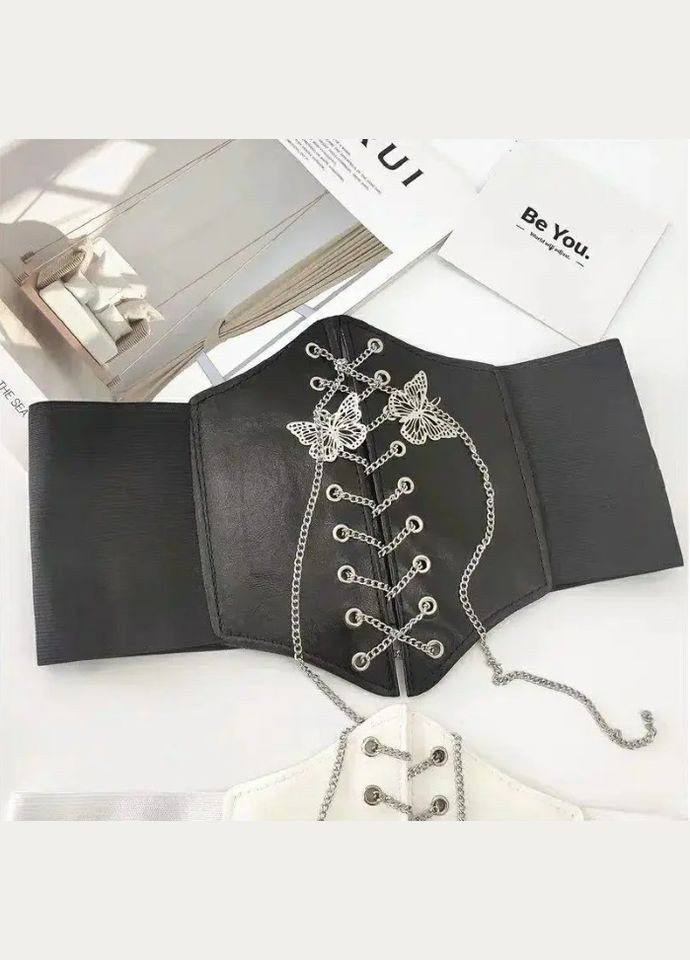 Широкий корсет на шнуровке-цепочке с бабочками черный No Brand (299339803)