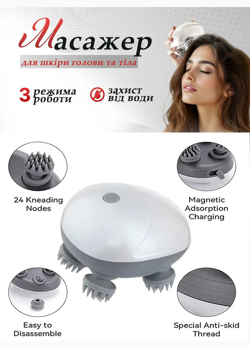 Масажер для голови та тіла AND9 для глибокого масажу та стимуляції росту волосся Білий Good Idea (333654139)
