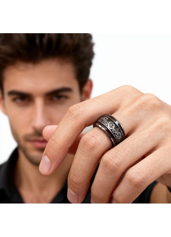 Кольцо серебристое из титановой стали стимпанк с шестернями 10 мм размер 19 Liresmina Jewelry (369365186)