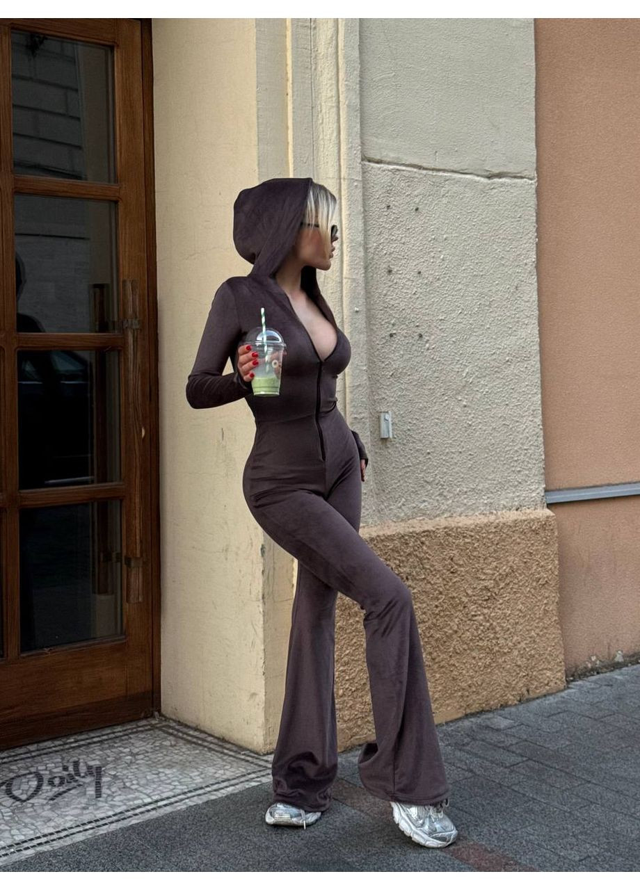 Комбинезон No Brand комбинезон-брюки однотонный коричневый спортивный, кэжуал велюр