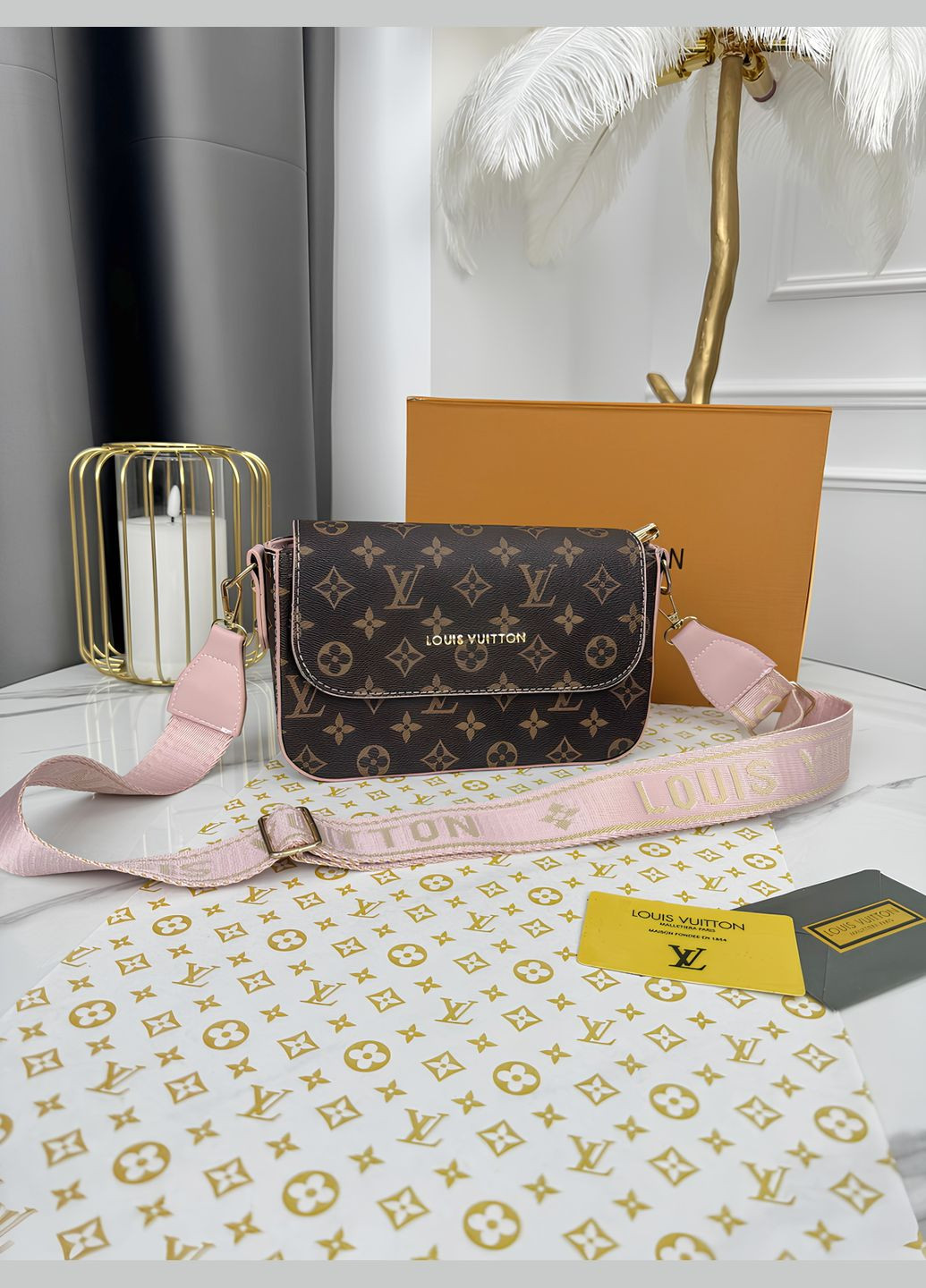 Женская сумочка кросс-боди Луи Витон два ремня (цвет коричневый розовые ремни) No Brand (322560197)