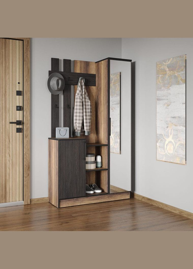 Cтильна прихожа з дзеркалом, дверцятами та крючками для одягу від KO-0004 Дуб Кверкус/Венге темний MORELI (361035173)