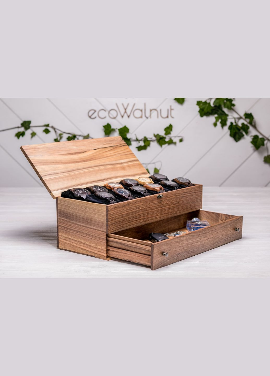 Коробочка для годинників з дерев'яною кришкою 12 з ящиком EcoWalnut (295266151)