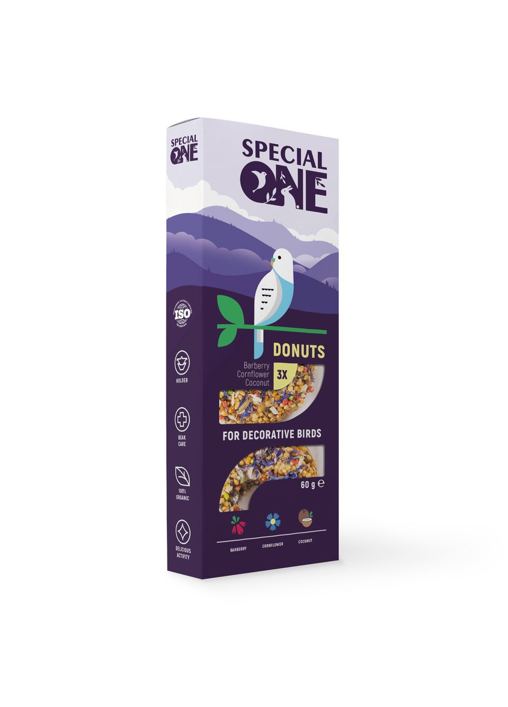 Пончики «Барбарис, волошка, кокос» для декоративних птахів, 60 г (3 шт.) (4823082425167) Special One (279570727)