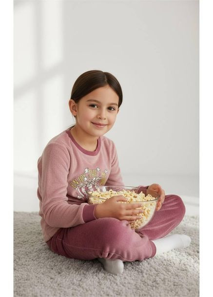 Темно-рожева зимня махрова піжама для дівчинки лонгслів + брюки Lily & Dan