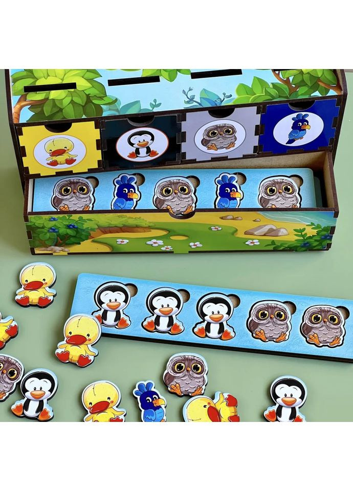 Дерев'яна настільна гра «Птахи» сортер-комодик Ubumblebees (365640929)