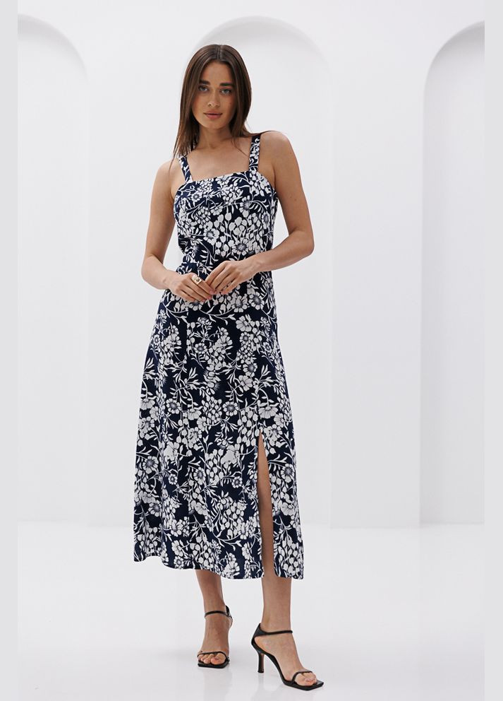 Синее женское летнее платье миди темно-синее с цветочными узорами и разрезом Arjen