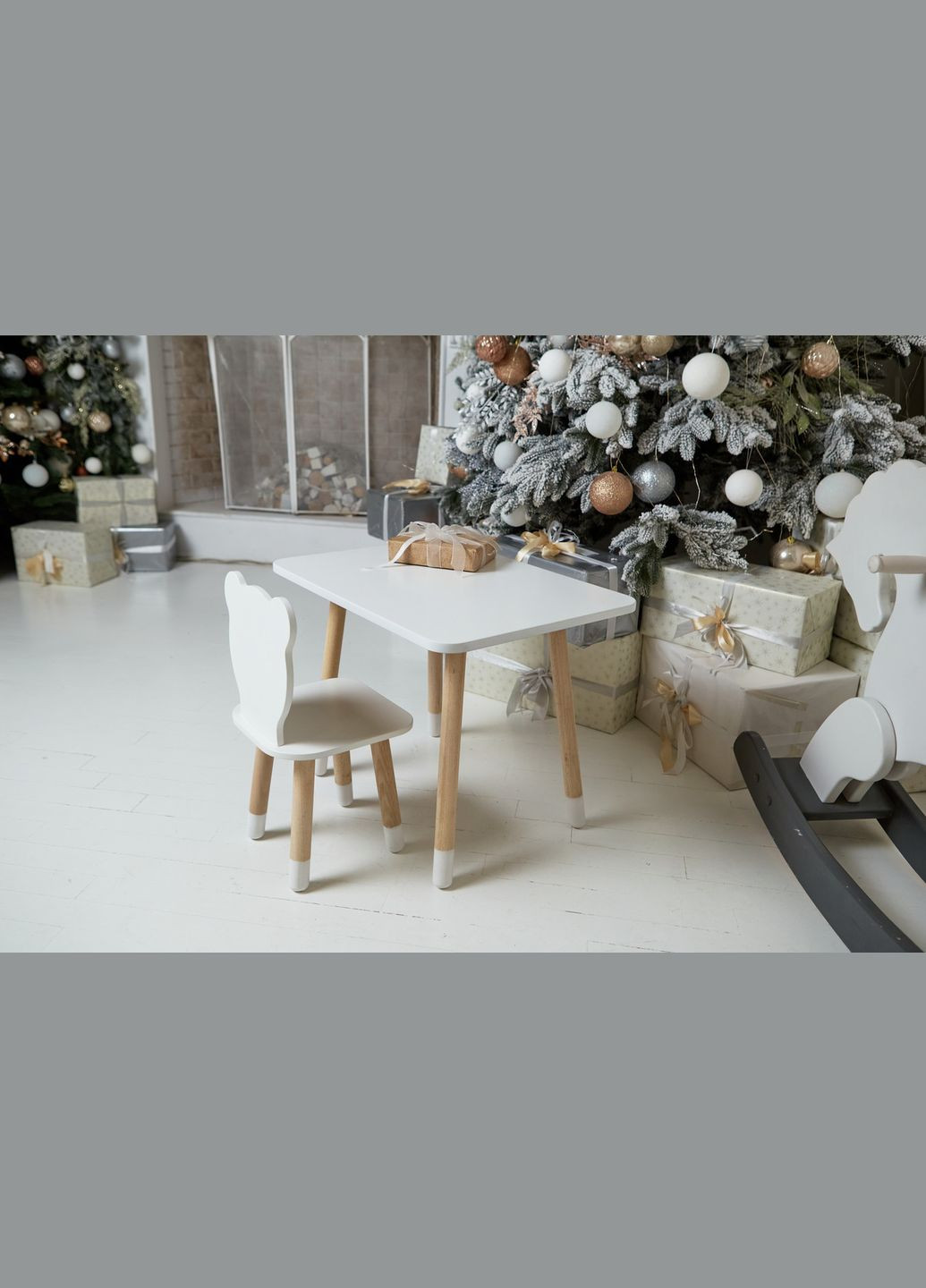 Комплект дитячий прямокутний стіл і стільчик білий медведик. Столик для ігор, уроків, їжі. Білий столик No Brand (323223318)