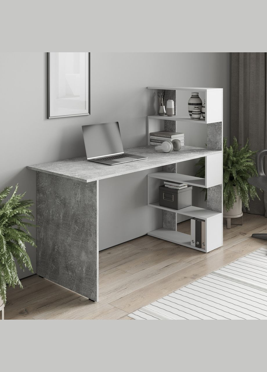 Стол компьютерный, стол письменный с полками ST-0015 от Бетон/Белый MORELI (335424754)