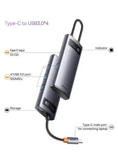 Хаб USB Metal Gleam, Grey, Type-C 3.0 - 1xType-C (15 Вт) / 4xUSB 3.0, кабель 15 см, алюмінієвий корпус (WKWG070013) WKWG070013 Baseus (395347729)