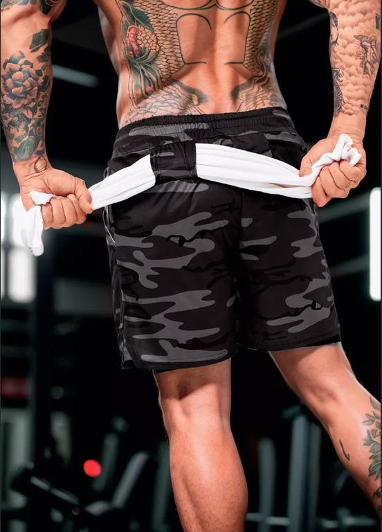 Мужские спортивные двойные шорты с тайтсами с петелькой для полотенца камуфляж серый No Brand (348317807)