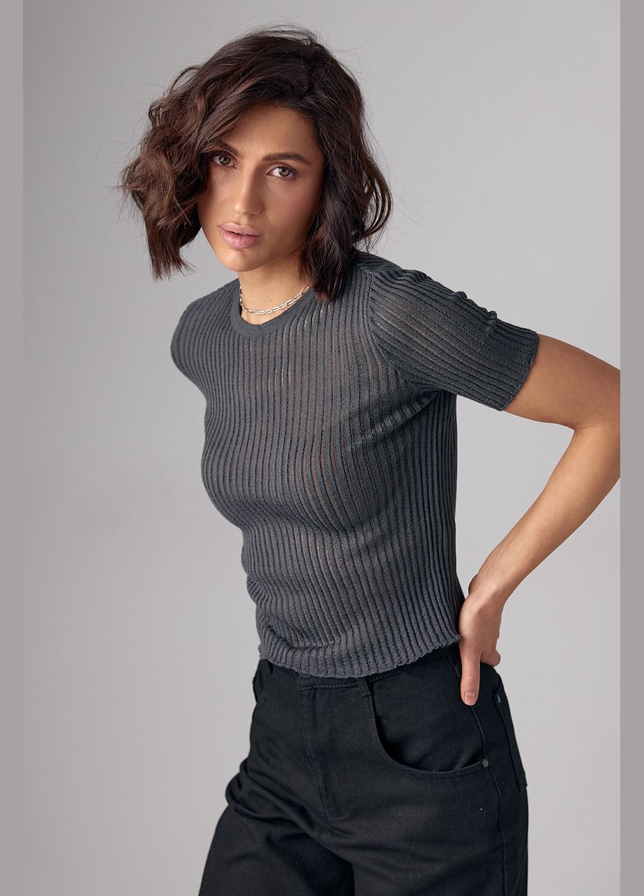 Темно-сіра літня жіноча футболка з ажурною в'язкою Lurex