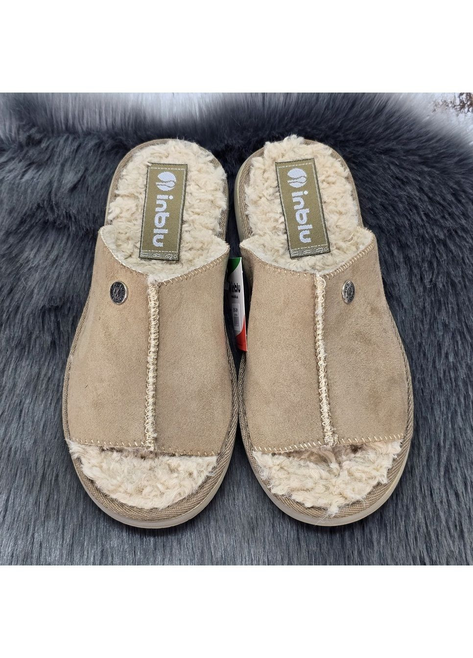 Тапочки жіночі бежеві на хутрі з відкритим носком Inblu (370091712)