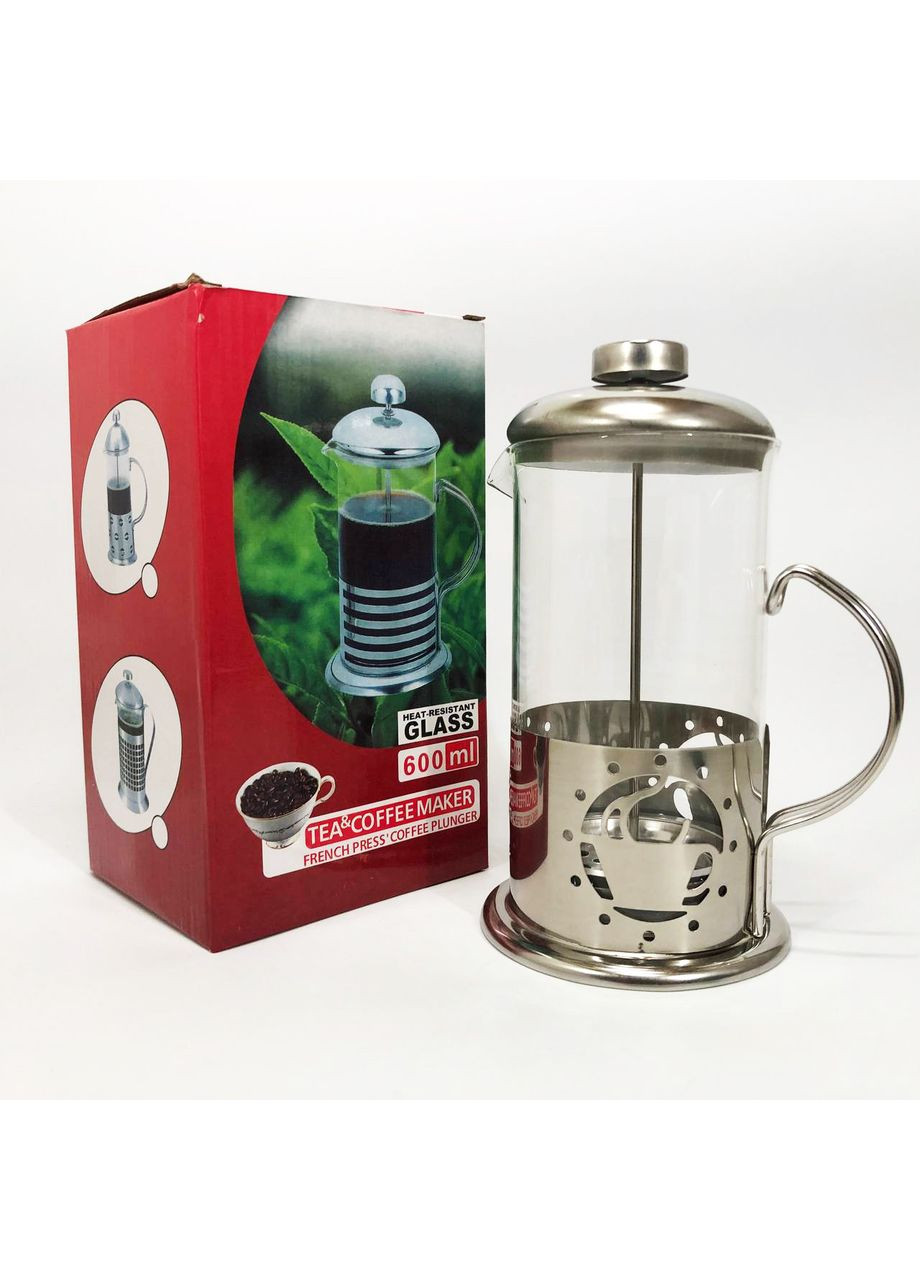 Френч-прес заварник металевий корпус UN-1152 600 мл, Скляний чайник для заварювання чаю Unique (365813056)
