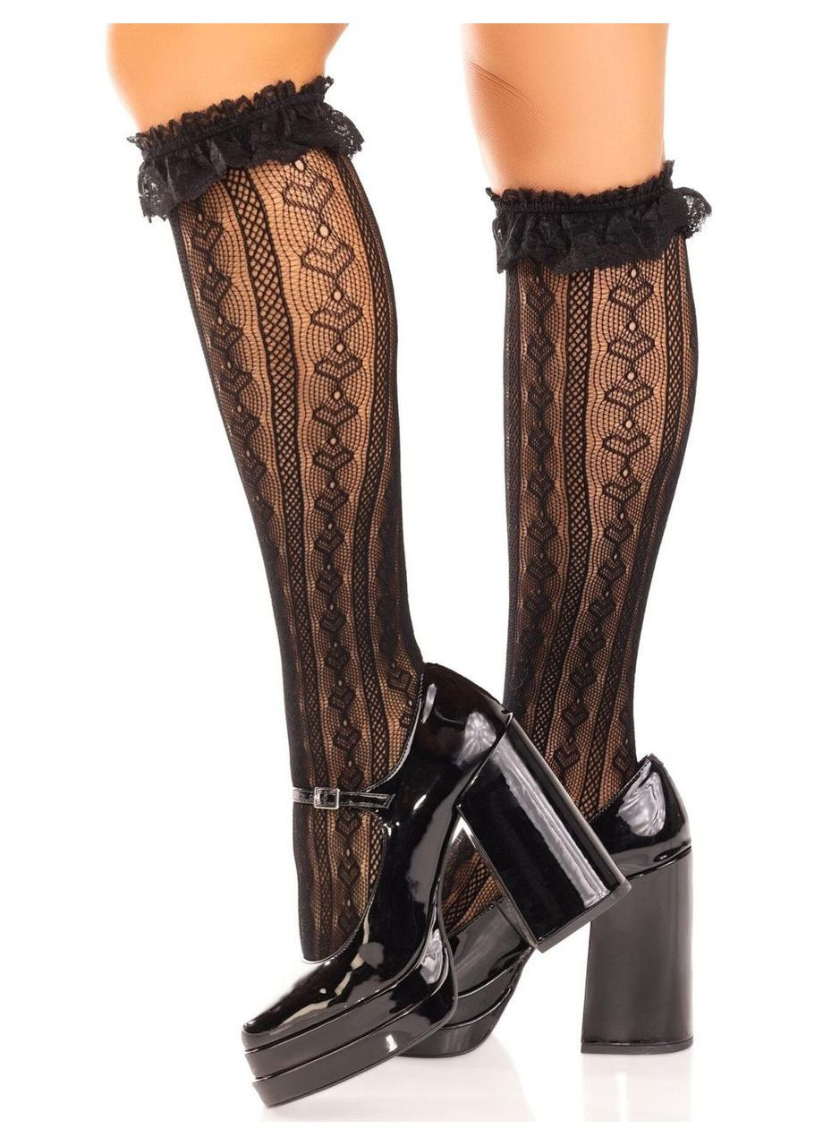 Гольфы ажурные Leg Avenue Sweetheart Ruffle Cuff Knee Highs, черные, с рюшами, рисунок-сердечки No Brand (305204970)