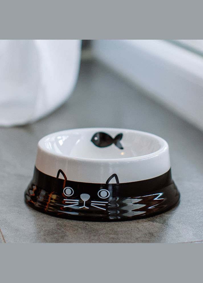 Миска для котов Cat Face керамическая черно-белая Ø 14х4.8 см 140 мл 73691 Nobby (267727024)