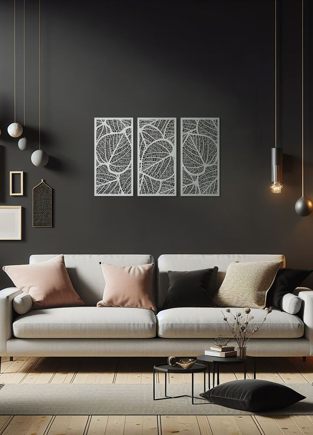 Інтер'єрна картина на стіну, декор в кімнату "Листочки картина з трьох частин", стиль мініімалізм 70х110 см Woodyard (292112213)