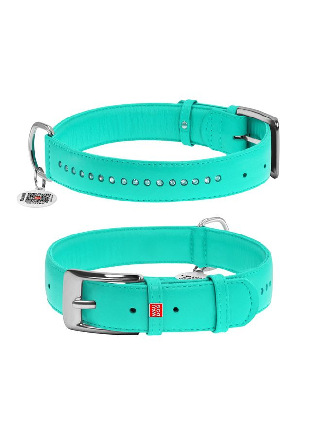 Ошейник для собак кожаный Glamour с QR паспортом, двойной со стразами,, Ш 35 мм, Длин 46-60 см ментоловый WAUDOG (322002536)