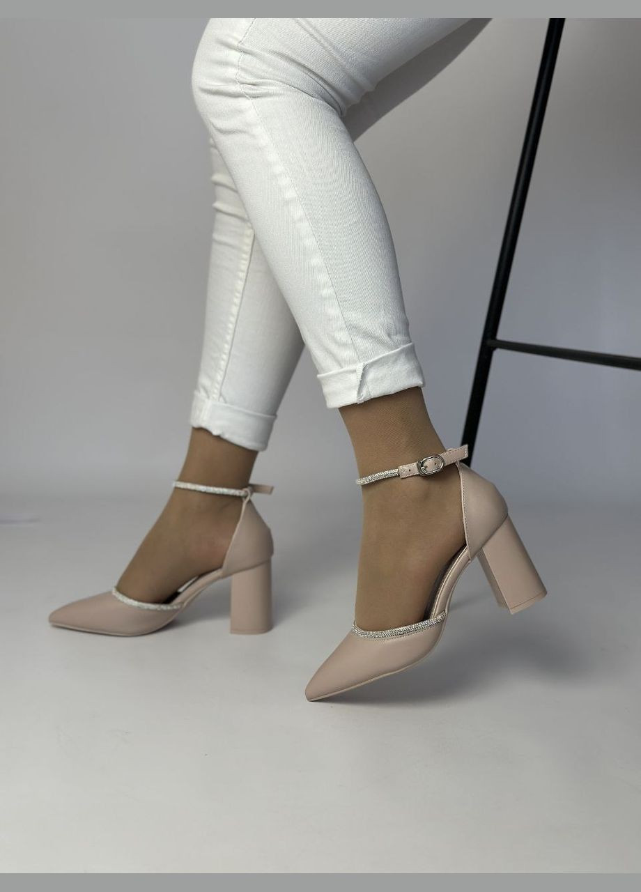 No Brand Стильные бежевые туфли на каблуке с ремешком эко кожа лодочки бежевый з искусственная кожа, — демисезон (322536971)